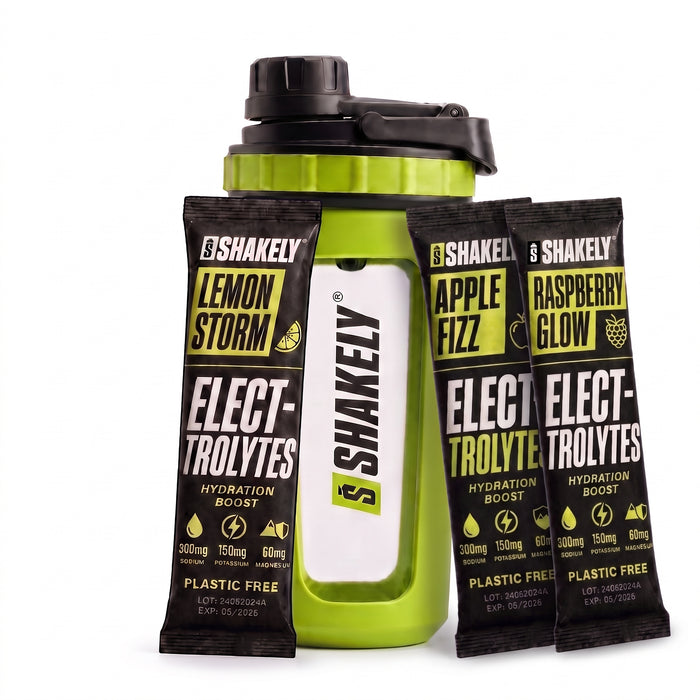 Shakely Elektrolyten - shaker met Lemon Storm, Apple Fizz en Raspberry Glow stickpacks