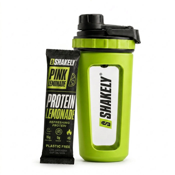 Shakely shaker met Protein Lemonade Pink Lemonade Blast stickpack