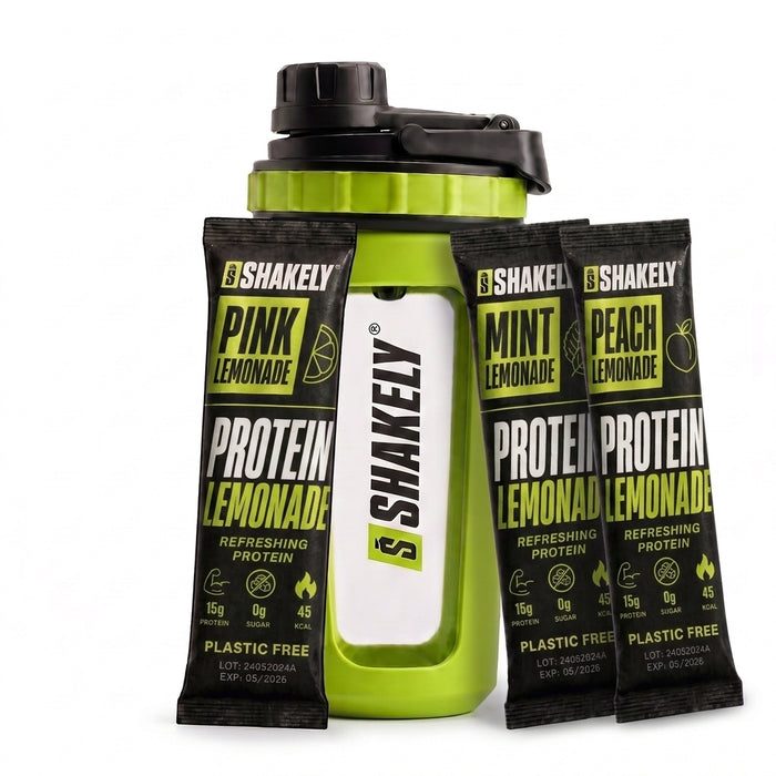 Shakely Protein Lemonade - shaker met Pink Lemonade Blast, Peach Lemonade Glow en Mint Lemonade Fizz stickpacks